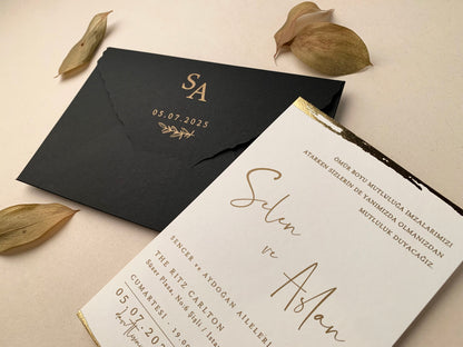 12267 - Gold foiled wedding invitation with black envelope