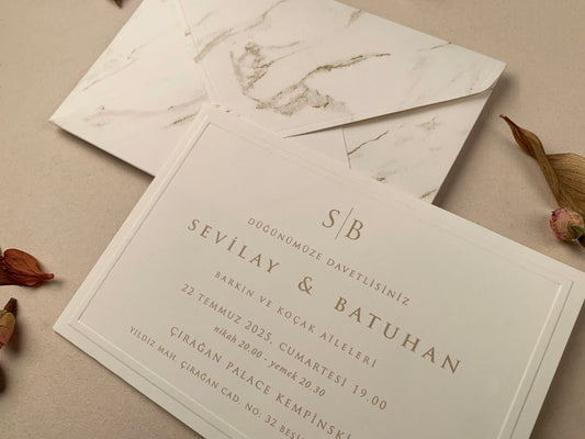 12280 - Dombornyomott esküvői meghívó márvány mintás borítékkal