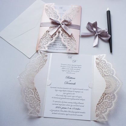 39381 - Lézervágott Esküvői Meghívó-esküvői meghívó-Erdélyi Esküvői Meghívók-covid,elegáns,lasercut,masni,pink,premium-Erdélyi Esküvői Meghívók
