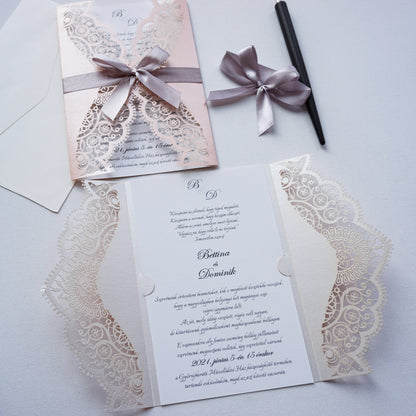 39381 - Lézervágott Esküvői Meghívó-esküvői meghívó-Erdélyi Esküvői Meghívók-covid,elegáns,lasercut,masni,pink,premium-Erdélyi Esküvői Meghívók