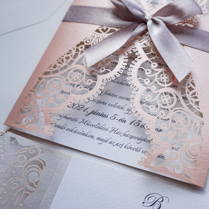 39381 - Lézervágott Esküvői Meghívó-esküvői meghívó-Erdélyi Esküvői Meghívók-covid,elegáns,lasercut,masni,pink,premium-Erdélyi Esküvői Meghívók
