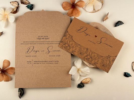 85852 - Összehajtható esküvői meghívó virágmintával kraft papírból