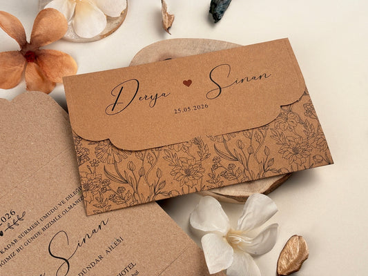 85852 - Összehajtható esküvői meghívó virágmintával kraft papírból