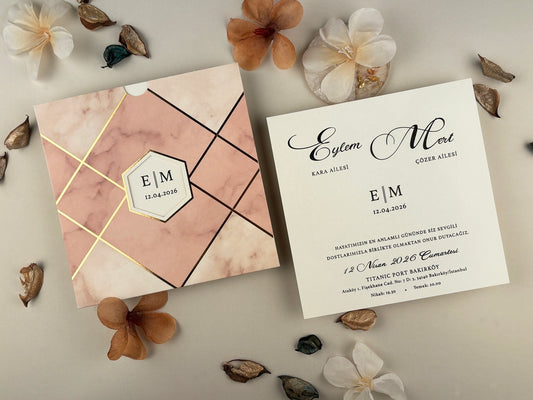 85860 - Rózsaszín tokos esküvői meghívó geometrikus mintával