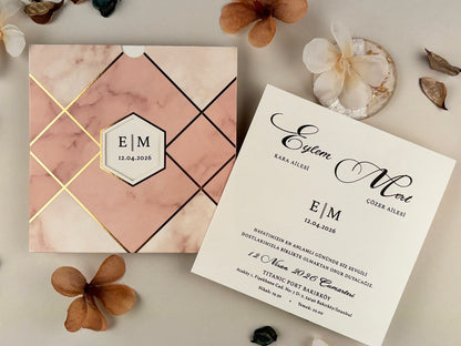 85860 - Rózsaszín tokos esküvői meghívó geometrikus mintával