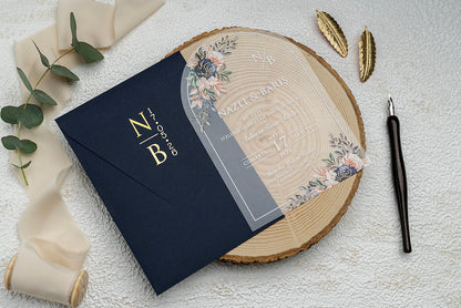 9369 - Plexi esküvői meghívó-esküvői meghívó-Erdélyi Esküvői Meghívók-arany,barokk minta,elegáns,kék,plexi,premium-Erdélyi Esküvői Meghívók
