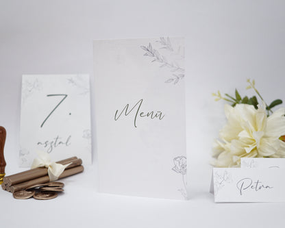 ME37 - Kinyitható Esküvői Menü - Minimalista virág mintával-Menü-Erdélyi Esküvői Meghívók-minimalista,UR37,virág-Erdélyi Esküvői Meghívók