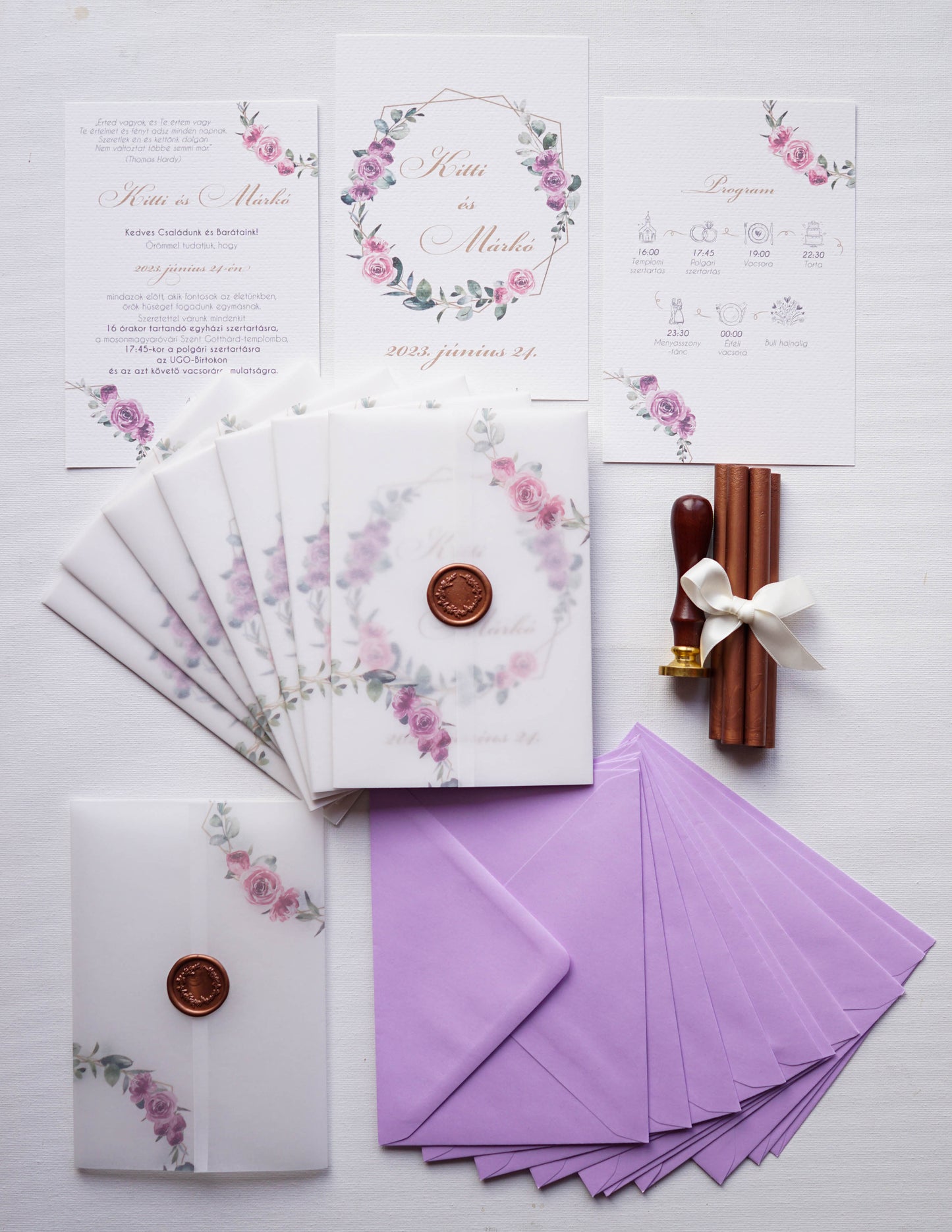 EM41 - Pausz borítós levélkoszorús esküvői meghívó