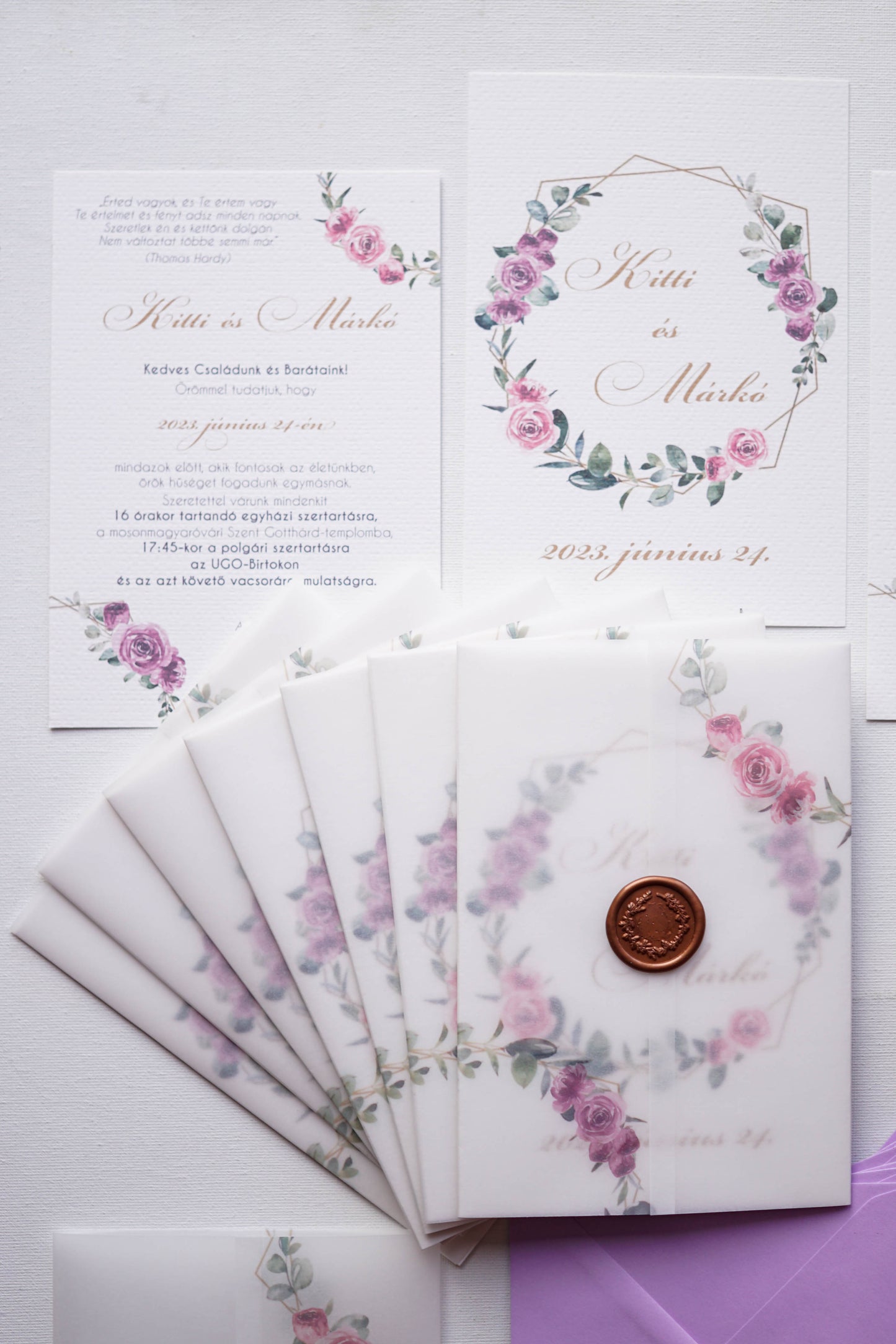 EM41 - Pausz borítós levélkoszorús esküvői meghívó