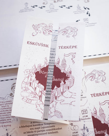 EM64 - Tekergők térképe esküvői meghívó, Harry Potter-es meghívó-esküvői meghívó-Erdélyi Esküvői Meghívók-bordó,egyedi,vicces-Erdélyi Esküvői Meghívók