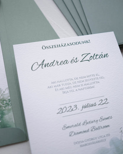 EM45 - Két oldalas zöld akvarell esküvői meghívó-esküvői meghívó-Erdélyi Esküvői Meghívók-egyedi,greenery,minimalista,zöld-Erdélyi Esküvői Meghívók