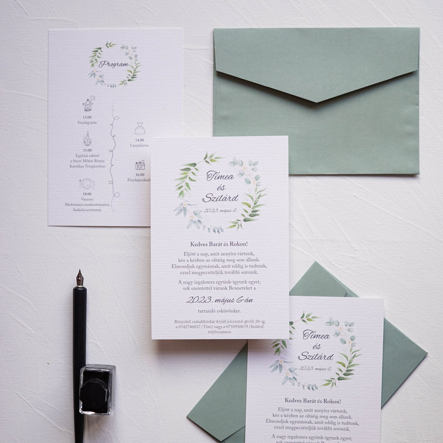 EM47 - Két oldalas greenery esküvői meghívó
