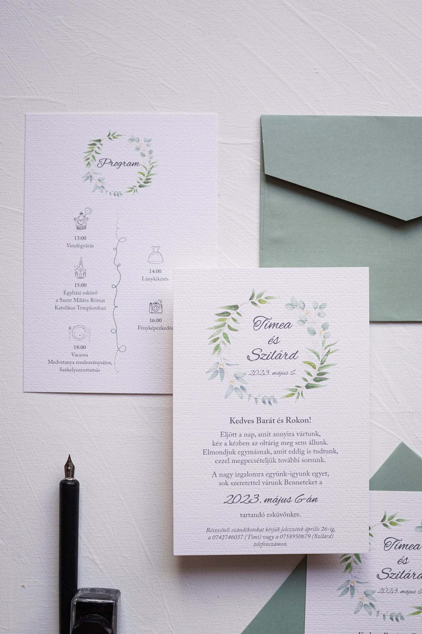 EM47 - Két oldalas greenery esküvői meghívó