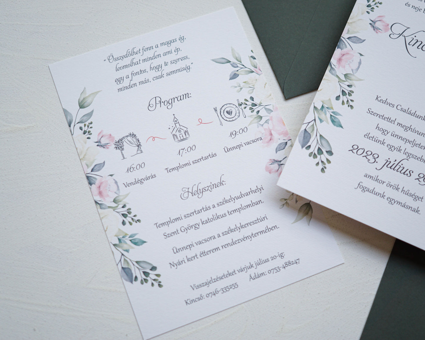 EM54 - Két oldalas virágmintás esküvői meghívó