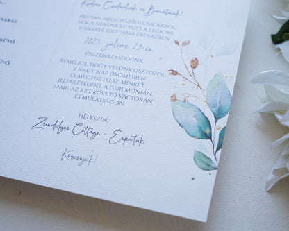 EM55 - Kinyitható greenery és arany mintás esküvői meghívó-esküvői meghívó-Erdélyi Esküvői Meghívók-arany,egyedi,greenery,watercolor,zöld-Erdélyi Esküvői Meghívók