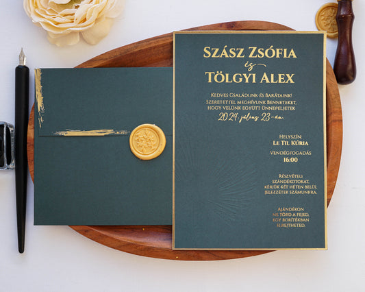 9317 - Méregzöld esküvői meghívó aranyprégelt szöveggel