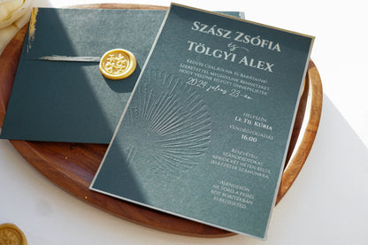 9317 - Méregzöld esküvői meghívó aranyprégelt szöveggel