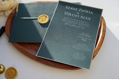 9317 - Méregzöld esküvői meghívó aranyprégelt szöveggel