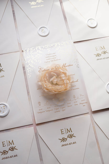 9214 - Plexi esküvői meghívó krém borítékkal-esküvői meghívó-Erdélyi Esküvői Meghívók-arany,elegáns,greenery,level,plexi,premium-Erdélyi Esküvői Meghívók