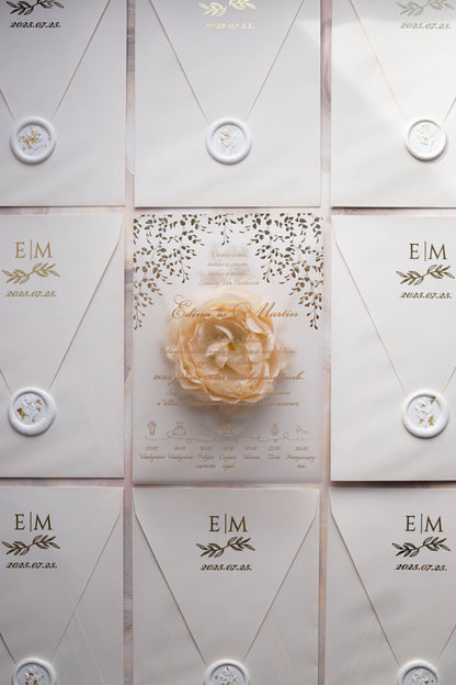 9214 - Plexi esküvői meghívó krém borítékkal-esküvői meghívó-Erdélyi Esküvői Meghívók-arany,elegáns,greenery,level,plexi,premium-Erdélyi Esküvői Meghívók
