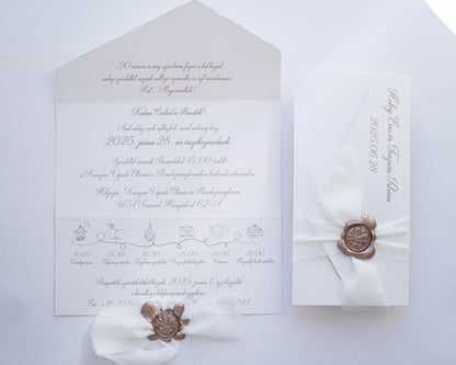 EM74 - Elegáns kinyitható meghívó viaszpecséttel és szalaggal-esküvői meghívó-Erdélyi Esküvői Meghívók-barokk minta,egyedi,elegáns,fehér,pezsgő-Erdélyi Esküvői Meghívók