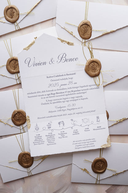 EM79 - Kinyitható meghívó aranyozott szélekkel, madzaggal és viaszpecséttel lezárva