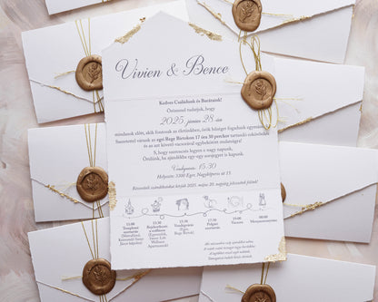 EM79 - Kinyitható meghívó aranyozott szélekkel, madzaggal és viaszpecséttel lezárva