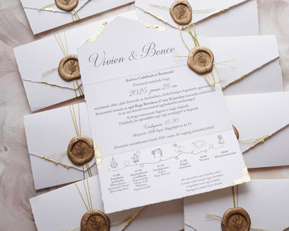 EM79 - Kinyitható meghívó aranyozott szélekkel, madzaggal és viaszpecséttel lezárva