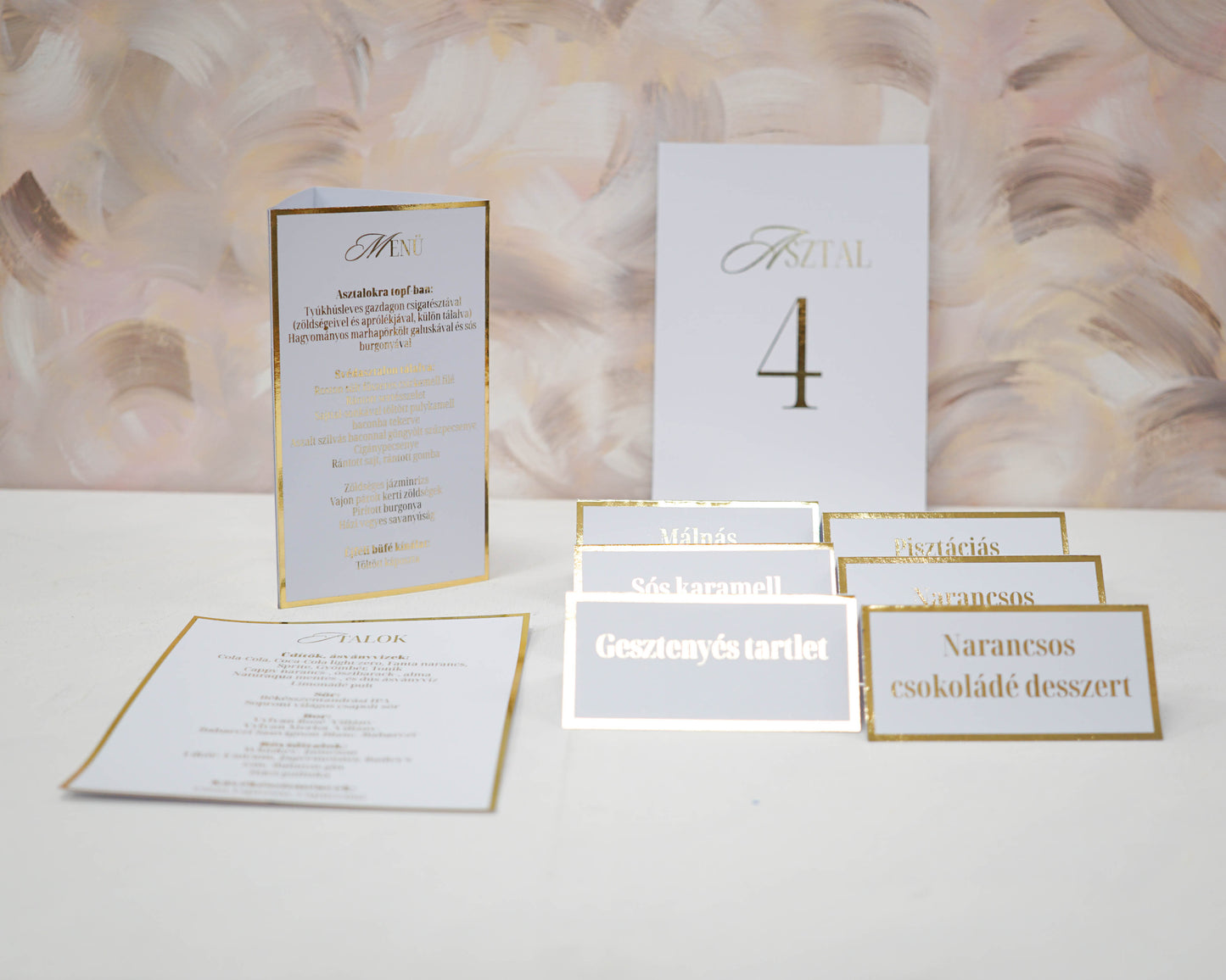 ME23 - Három oldalú esküvői menü - Aranyfóliázott mintával