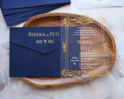 9367 - Plexi esküvői meghívó-esküvői meghívó-Erdélyi Esküvői Meghívók-arany,barokk minta,elegáns,kék,plexi,premium-Erdélyi Esküvői Meghívók