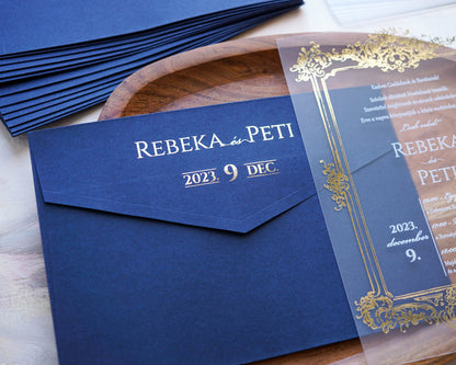 9367 - Plexi esküvői meghívó-esküvői meghívó-Erdélyi Esküvői Meghívók-arany,barokk minta,elegáns,kék,plexi,premium-Erdélyi Esküvői Meghívók