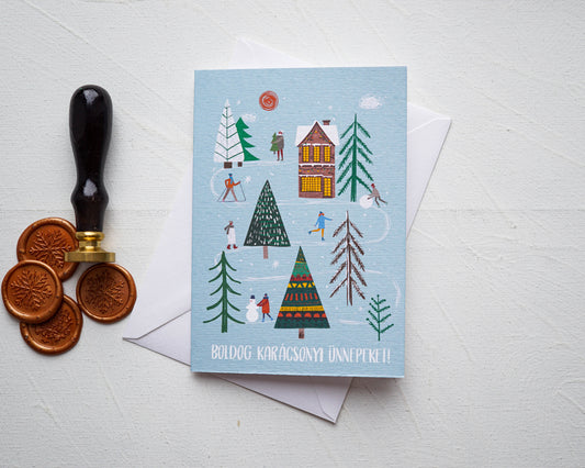 Téli tájas Karácsonyi képeslap, kinyitható, borítékkal - KK16