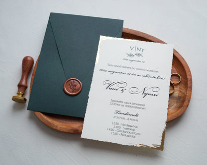 9193 - Elegáns arany szegélyes Esküvői Meghívó-esküvői meghívó-Erdélyi Esküvői Meghívók-dombornyomott,elegáns,greenery,pecsét,premium,viaszpecsét,zold-Erdélyi Esküvői Meghívók