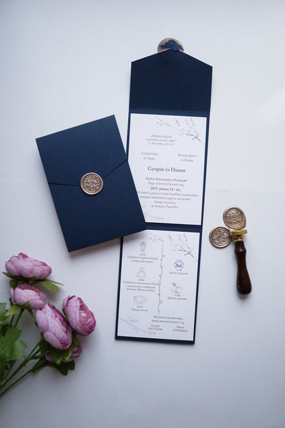 EM77 - Kinyitható tokos meghívó, tengerészkék színben.