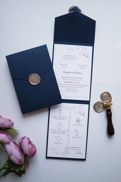 EM77 - Kinyitható tokos meghívó, tengerészkék színben.