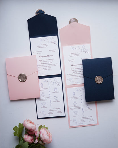 EM77 - Kinyitható tokos meghívó, tengerészkék színben.