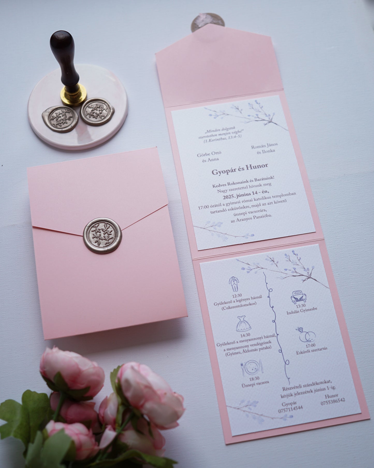 EM78 - Kinyitható tokos meghívó, rózsaszín.