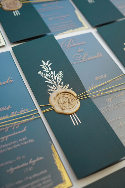 9277 - Plexi esküvői meghívó zöld tokkal