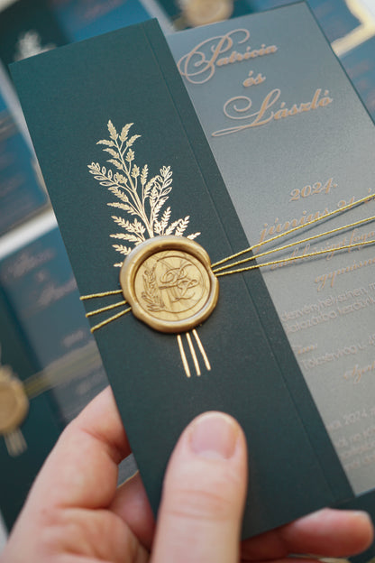 9277 - Plexi esküvői meghívó zöld tokkal