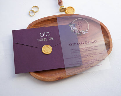 9267 - Plexi esküvői meghívó-esküvői meghívó-Erdélyi Esküvői Meghívók-arany,elegáns,lila,plexi,premium,virág-Erdélyi Esküvői Meghívók