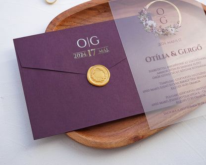 9267 - Plexi esküvői meghívó-esküvői meghívó-Erdélyi Esküvői Meghívók-arany,elegáns,lila,plexi,premium,virág-Erdélyi Esküvői Meghívók