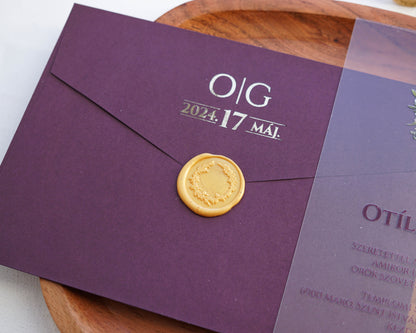 9267 - Plexi esküvői meghívó-esküvői meghívó-Erdélyi Esküvői Meghívók-arany,elegáns,lila,plexi,premium,virág-Erdélyi Esküvői Meghívók