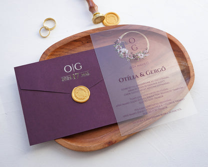 9267 - Plexi esküvői meghívó-esküvői meghívó-Erdélyi Esküvői Meghívók-arany,elegáns,lila,plexi,premium,virág-Erdélyi Esküvői Meghívók