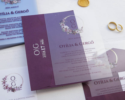 9267 - Plexi esküvői meghívó-esküvői meghívó-Erdélyi Esküvői Meghívók-arany,elegáns,lila,plexi,premium,virág-Erdélyi Esküvői Meghívók
