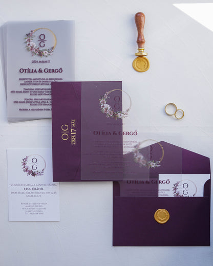 9267 - Plexi esküvői meghívó-esküvői meghívó-Erdélyi Esküvői Meghívók-arany,elegáns,lila,plexi,premium,virág-Erdélyi Esküvői Meghívók