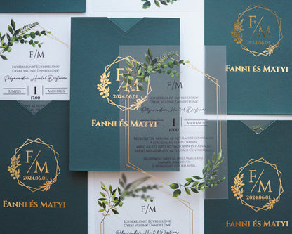 9366 - Plexi esküvői meghívó-esküvői meghívó-Erdélyi Esküvői Meghívók-arany,greenery,plexi-Erdélyi Esküvői Meghívók