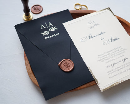 9192 - Elegáns Esküvői Meghívó-esküvői meghívó-Erdélyi Esküvői Meghívók-dombornyomott,elegáns,fekete,pecsét,premium,viaszpecsét-Erdélyi Esküvői Meghívók
