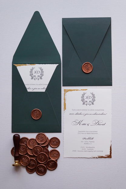 9193 - Elegáns arany szegélyes Esküvői Meghívó-esküvői meghívó-Erdélyi Esküvői Meghívók-dombornyomott,elegáns,greenery,pecsét,premium,viaszpecsét,zold-Erdélyi Esküvői Meghívók