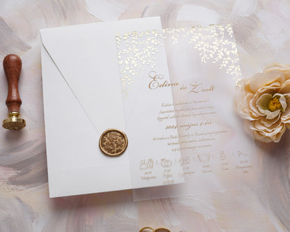 9214 - Plexi esküvői meghívó krém borítékkal-esküvői meghívó-Erdélyi Esküvői Meghívók-arany,elegáns,greenery,level,plexi,premium-Erdélyi Esküvői Meghívók
