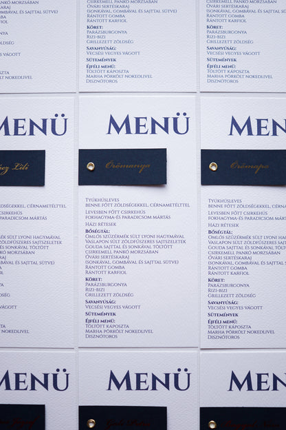 ME53 - Meniu și place card bleumarin cu nume aurii din folie metalică